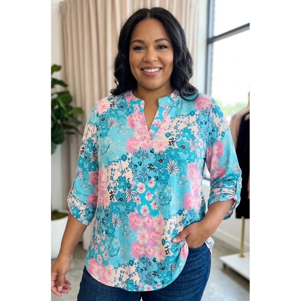 Dear Scarlett Plus Size XL Top Blouse * 3/4 Sleeve Blue Pink Floral NWT